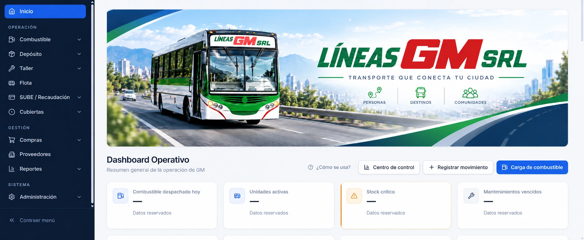 Vista de demostración del sistema de Líneas GM SRL, sin cifras ni registros operativos reales.